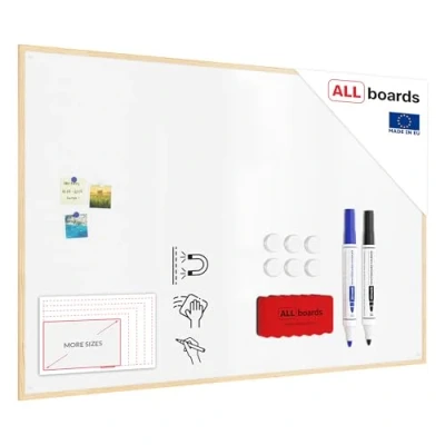 Image of ALLboards Whiteboard with Wooden Frame 180x120cm, Magnetic Board Dry Wipe Erase