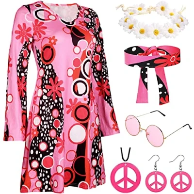 Image of 70s Fancy Dress Women Disco 60s Costume with Accessories for Hippie Hippy Outfits 70 Style Ladies Adult Halloween Costumes (S)
