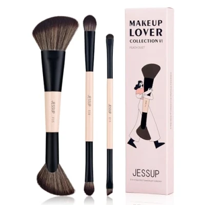 Image of Jessup Travel Makeup Brushes Set 3pcs Double Sided Contour Brush Dual Ended Eyeshadow Shader Eyeliner Brush, Multi functional Make up Peach Dust T507