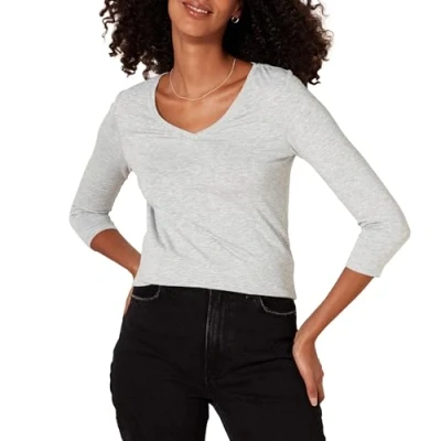 Image of Amazon Essentials Women&#039;s Classic Fit 3/4 Sleeve V Neck T Shirt (Available in Plus Size), Light Grey Heather, XXL