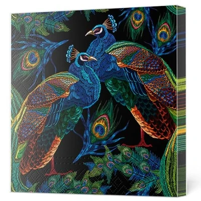 Image of Maki 3 Ply Flowery Tissue Paper Napkins Serviettes for Decoupage Lunch 33cm x Pack of 20 (Embroidered Peacocks with Feathers)