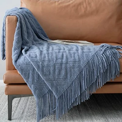 Image of LumiSyne Knitted Throw Blanket Fringes Tassels Solid Color Jacquard Diamond Pattern Lightweight Soft Throws Armchair Cover Decorative For Couch Sofa Bed Settee 230x130cm