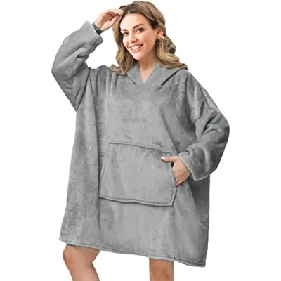 Image of Hoodie Blanket Ultra Soft Sherpa Fleece Warm Cosy Comfy Oversized Wearable Giant Sweatshirt Throw for Women Girls Adults Men Boys Kids Big Pocket (Light Grey)