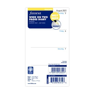 Image of Filofax Personal Week on Two Pages English mid Year Diary August 21 July 22 (95 x 171mm)