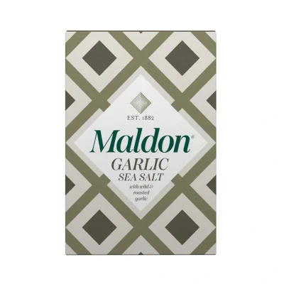 Image of Maldon Garlic Sea Salt Flakes, blended with Wild and Roasted Take simple dishes to the next level Fantastic Flavour Unique Pyramid Shaped Flakes 100g Box