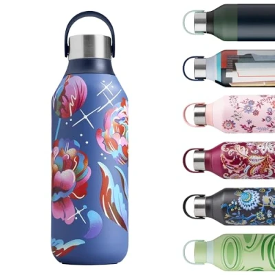Image of Chilly&#039;s Series 2 Water Bottle Stainless Steel Thermal Bottles with Double Wall Vacuum, Soft Collar &amp; Carry Loop Galaxy Bloom, 500ml
