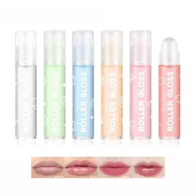 Image of Roll On Lip Gloss Set, 6Pcs Shimmer Shiny Plumping Oil Gloss, Fruit Flavored Non Toxic Glossy Makeup, Kid Friendly, Party Gift Kit