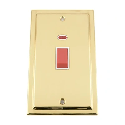 Image of Cooker Switch w/Neon 45 Amp Tall Plate Victorian Polished Brass White Insert