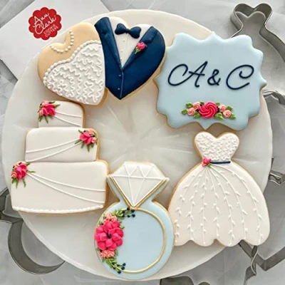 Image of Wedding Cookie Cutters 5 Pc Set Made in the USA by Ann Clark, Square Plaque, Cake, Dress, Diamond Ring, Double Heart