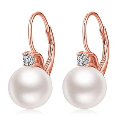 Image of Pearl Earrings, Dangle Earrings Leverback Sterling Silver Drop for Women Rose Gold Plated Earring Imitation Diamond