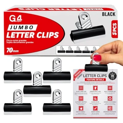 Image of Pack of 5 x 70mm Jumbo Bulldog Letter Clips Grip (Black (Pack 5))