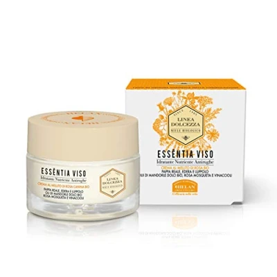 Image of Helan Linea Dolcezza Essentia Face Moisturiser for Skincare Routine with Organic Sweet Almond Oil, Royal Jelly &amp; Rosehip Anti Wrinkle Cream to Restore Elasticity Made in Italy, 50 ml