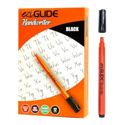 Image of Eziglide Handwriting Pen Black, Pack of 12 Hand Writing Pens, hard wearing polyacetal tip to give smooth effortless ink flow for both right and left handed children, Learning Write