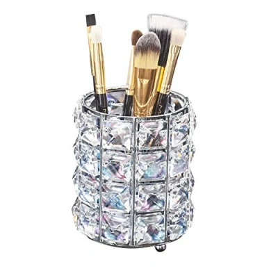Image of Crystal Makeup Brush Holder Organizer, Cosmetics Pencil Cup Container Organizer for Desktop Decoration (Silver)