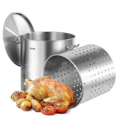 Image of VEVOR Stainless Steel Stockpot, 100 Quart Large Cooking Pots, Cookware Sauce Pot with Basket, Lid, and Handle, Heavy Duty Commercial Grade Stock Pot, Sanding Treatment, for Groups Events Silver