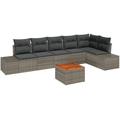 Image of vidaXL 7 Piece Garden Sofa Set with Cushions Grey Poly Rattan Acacia