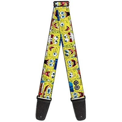 Image of Buckle Down Nickelodeon Guitar Strap, SpongeBob Expressions Stripe Blue, 2 Inches Wide, Yellow, 2&quot; Wide 29 54&quot; Length