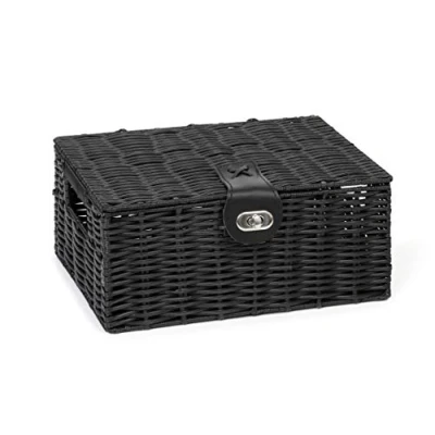 Image of Arpan Small Resin Woven Storage Basket Box With Lid &amp; Lock Black