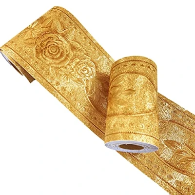 Image of Mesoar Elegant 3D Gold Floral Wallpaper Border Wall Peel Stick Molding Home Ceiling Sticker for Bathroom Living Room Kitchen 10cm by 16.4ft