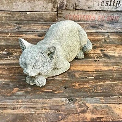 Image of Reconstituted Stone Resting Cat Statue Animal Vintage Concrete Garden Ornament