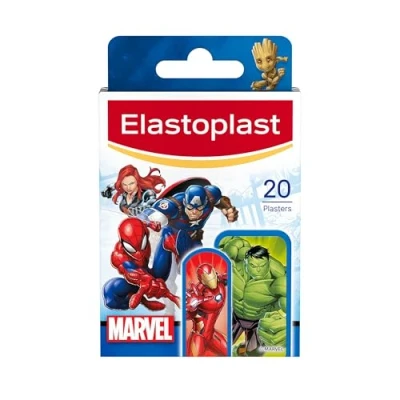 Image of Elastoplast Marvel Plasters, Assorted Sizes (20 Pieces), Coloured First Aid Plasters for Children, Kid’s Everyday with Superhero Designs, Easy Removal and Skin Friendly