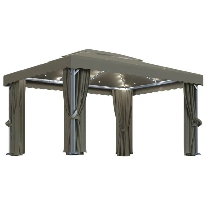 Image of vidaXL Gazebo with Curtain&amp;LED String Lights 4x3 m Taupe