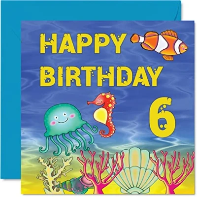 Image of 6th Birthday Card Boy Girl Sealife Happy 6 Year Old Boy, Boys Cards for Him Her, 145mm x Greeting Son Nephew Grandson Daughter Brother