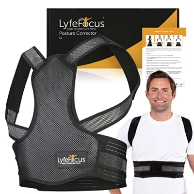 Image of LyfeFocus S1 Premium Breathable Back Posture Corrector for Men &amp; Women Upper Support, Brace Straightener Effective Correction Neck, Shoulder Pain (Black, Large)