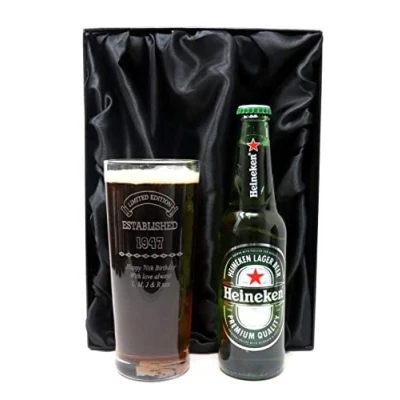 Image of Regalo Personalised Engraved Established Birthday Pint Beer Glass &amp; Bottle Gift Set for Son on his 18th or 21st (Hein Premium Lager Beer, Silk Lined Box) 4% vol