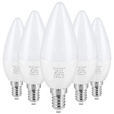 Image of Vicloon E14 LED Candle Bulbs, 5 Pcs 5.5W C37 40W Incandescent Bulb Equivalent, Warm White 3000K, 500LM, SES Small Screw No Dimmable