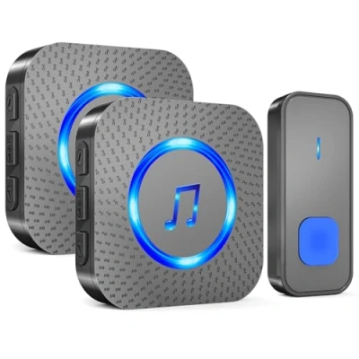 Image of SURFOU Wireless Doorbell, Plug in Waterproof Battery Operated Cordless Doorbell with 2 Receivers, Operating at 1,300 Feet Long Range, 55 Chimes 5 Volume Levels, LED Flash, Black