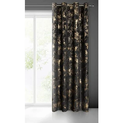 Image of Eurofirany Tonia Velvet Curtain with Marble Gold Pattern and Eyelets 1 Piece Glamour Living Room Bedroom 140 x 250 cm Black