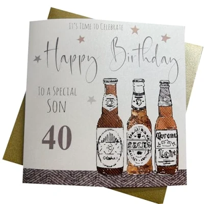 Image of WHITE COTTON CARDS Beers Special Son 40 It&#039;s Time to Celebrate Happy Handmade 40th Birthday Card, NBS40,16cm x 16cm