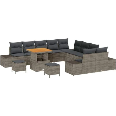 Image of vidaXL 13 Piece Garden Sofa Set with Cushions Grey Poly Rattan Acacia