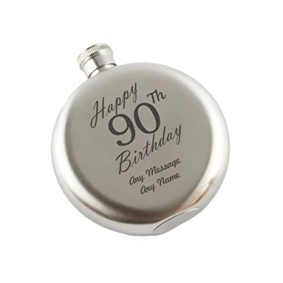 Image of Personalised Engraved 5oz Round Silver Stainless Steel Hip Flask, Happy 90th Birthday Design, Gift for Him, Gift, Laser in The UK