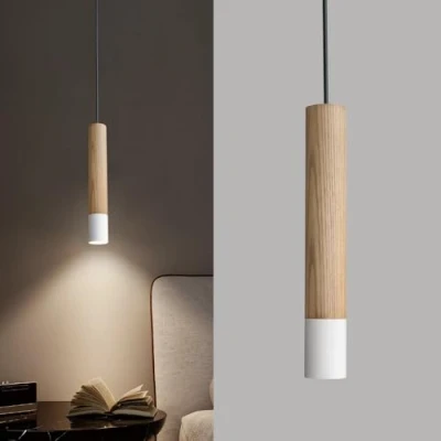 Image of ouglres Cylinder Pendant Light Wood,White Hanging Bedroom Lights,Modern Bedside with Metal Shade,Tube Lighting for Kitchen Island,Over Sink,Bar,Dinning Table,Gu10,Height Adjust
