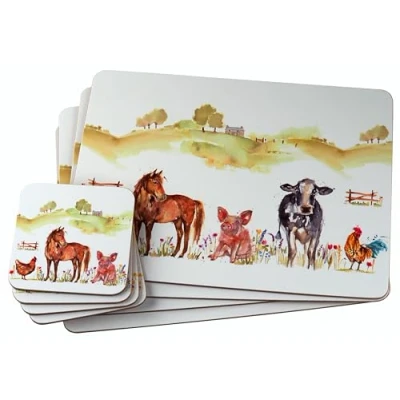 Image of Hardback Placemats &amp; Coasters The Farmyard Farm Animals Set of 4