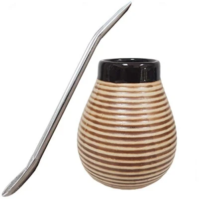 Image of Gaucho Bruno Yerba Mate Ceramic Cup with Stainless Steel Bombilla Drinking Straw Reusable, Slip Proof Gripping and Easy Cleaning for Home Travel Use 400ml Brown
