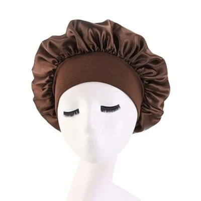Image of Hair Bonnet for Sleeping, Wide Elastic Band Satin Silk Shower Cap Women Girls Makeup Care Hat Soft Sleep Head Cover Night Curly Protection