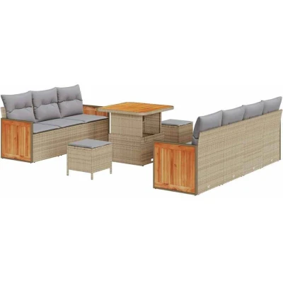 Image of vidaXL 10 Piece Garden Sofa Set with Cushions Beige Poly Rattan Acacia