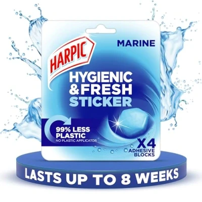 Image of Harpic Hygienic Fresh Sticker Adhesive Toilet Block, Marine, Pack 1 x 4 stickers, Freshener, No Plastic Applicator, Up to 8 weeks of Freshness