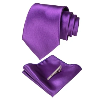 Image of JEMYGINS Purple Tie Silk Necktie and Pocket Square With Clip Sets for Men (12)