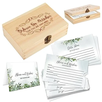 Image of 1DFAUL 60Pcs Advice and Wishes for the Mr Mrs, Greenery Bridal Shower Cards, Cards Bride Groom, Wedding Wood Box Kit Guest Book Alternative