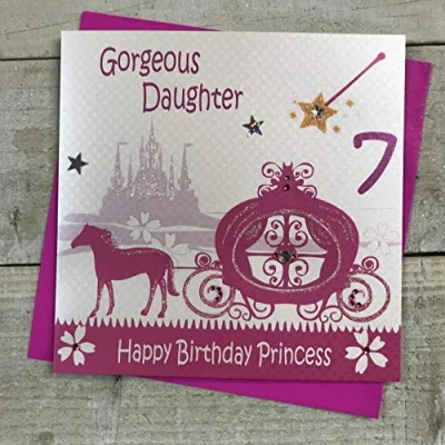 Image of WHITE COTTON CARDS Pink, Carriage, Gorgeous Daughter 7 Happy Princess Handmade Girls 7th Birthday Card, GL240