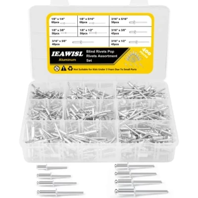 Image of Pop Blind Rivets, 400PCS Aluminum Rivets Assortment Kit, 8 Sizes (3mm/5mm), Silver Assorted with Reinforced Divider &amp; Labeled Case for Furniture, Car, Ships