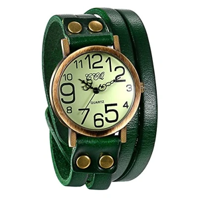 Image of JewelryWe Vintage Leather Bracelet Watch Men Women Wristwatch Ladies Dress Quartz Watches (Green)