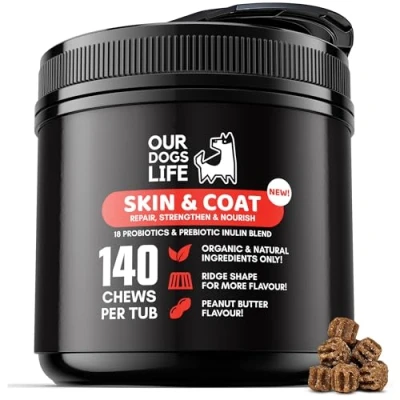 Image of Skin &amp; Coat Supplement For Dogs 140 Chews A Soft Silky Coat, Relieve Dry Veterinarian Formulated Essential Omega 3 EPA and DHA Blend Non GMO, No Fillers Gluten Free