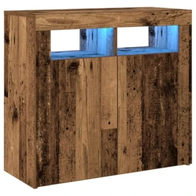 Image of vidaXL Sideboard with RGB LED Lights Engineered Wood Cabinet, Old Finish, 80x35x75 cm, 2 Doors &amp; Glass Shelf