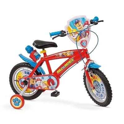 Image of Toimsa Paw Patrol, 14 inch Bicycle/Kids Bike, with shield, bottle, adjustable seat, handlebars and training wheel stabilisers, for children/youth age 4 6 Years, Red Blue