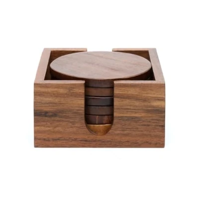 Image of Wooden Coasters with Holder (Set of 6) Acacia Round for Drinks, Coffee &amp; Tea Table Coaster RND Homes Office Desks Wood Protection from Watermarks Damage